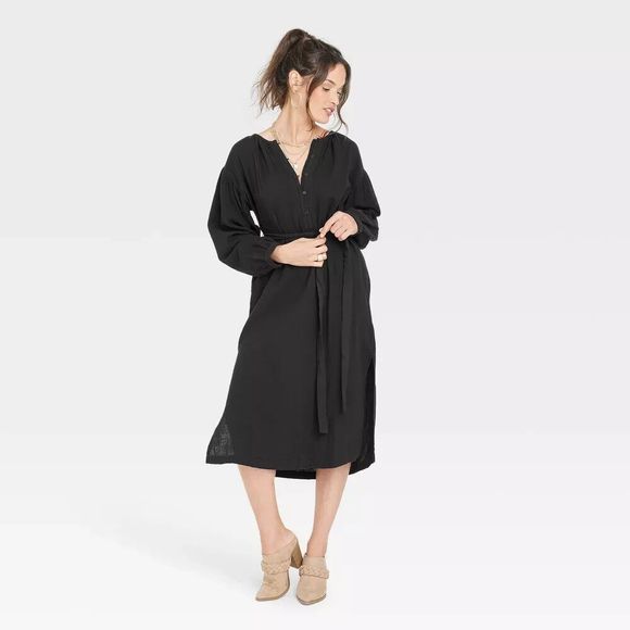 Universal Thread Dresses & Skirts - Women's Balloon Long Sleeve Tie-Front Shirtdress - Universal Thread Black XS